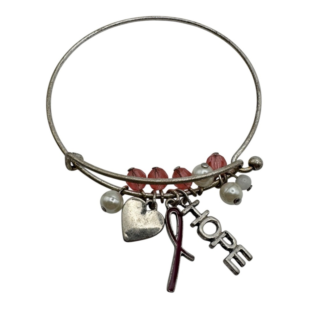 HOPE Charm Bangle Bracelet – Silver Tone with Heart, Ribbon &‎ Beads